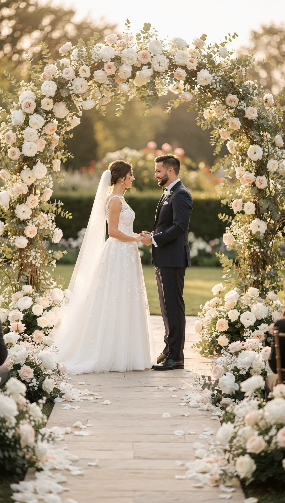 Editorial illustration of a wedding-day run of show: ceremony arch, interlocking rings, and a timeline from first vendor check-in to final handoff