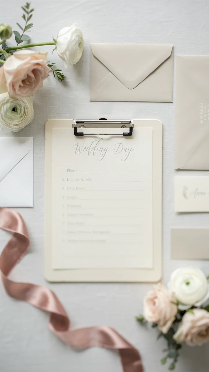 Editorial illustration of a coordinator's final-confirmations checklist prepared before the wedding day